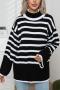 casual slight stretch stripe knitted two colors turtleneck loose sweater_Black